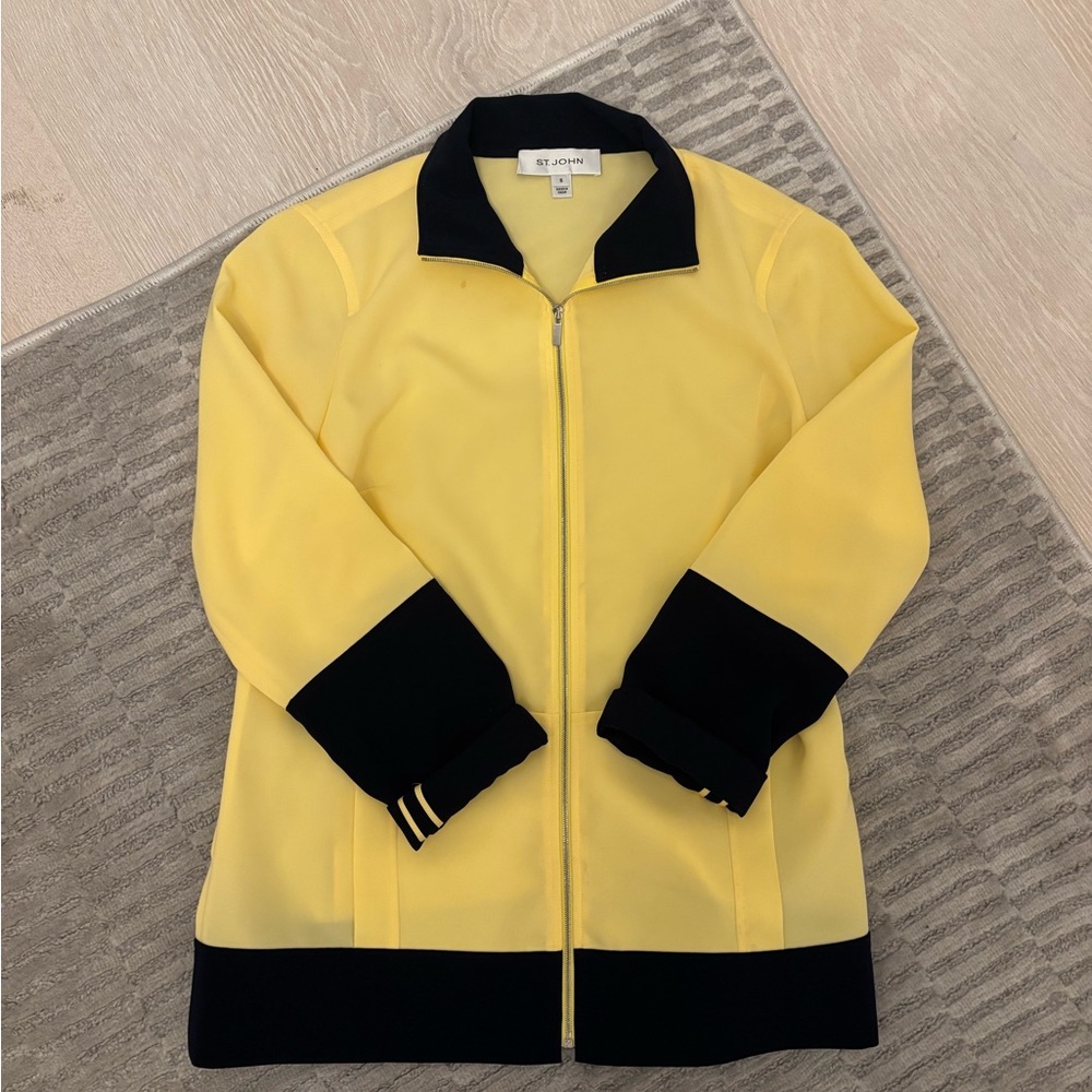 St. John Vibrant Yellow Bomber Jacket with navy Black Accents, small stain shown